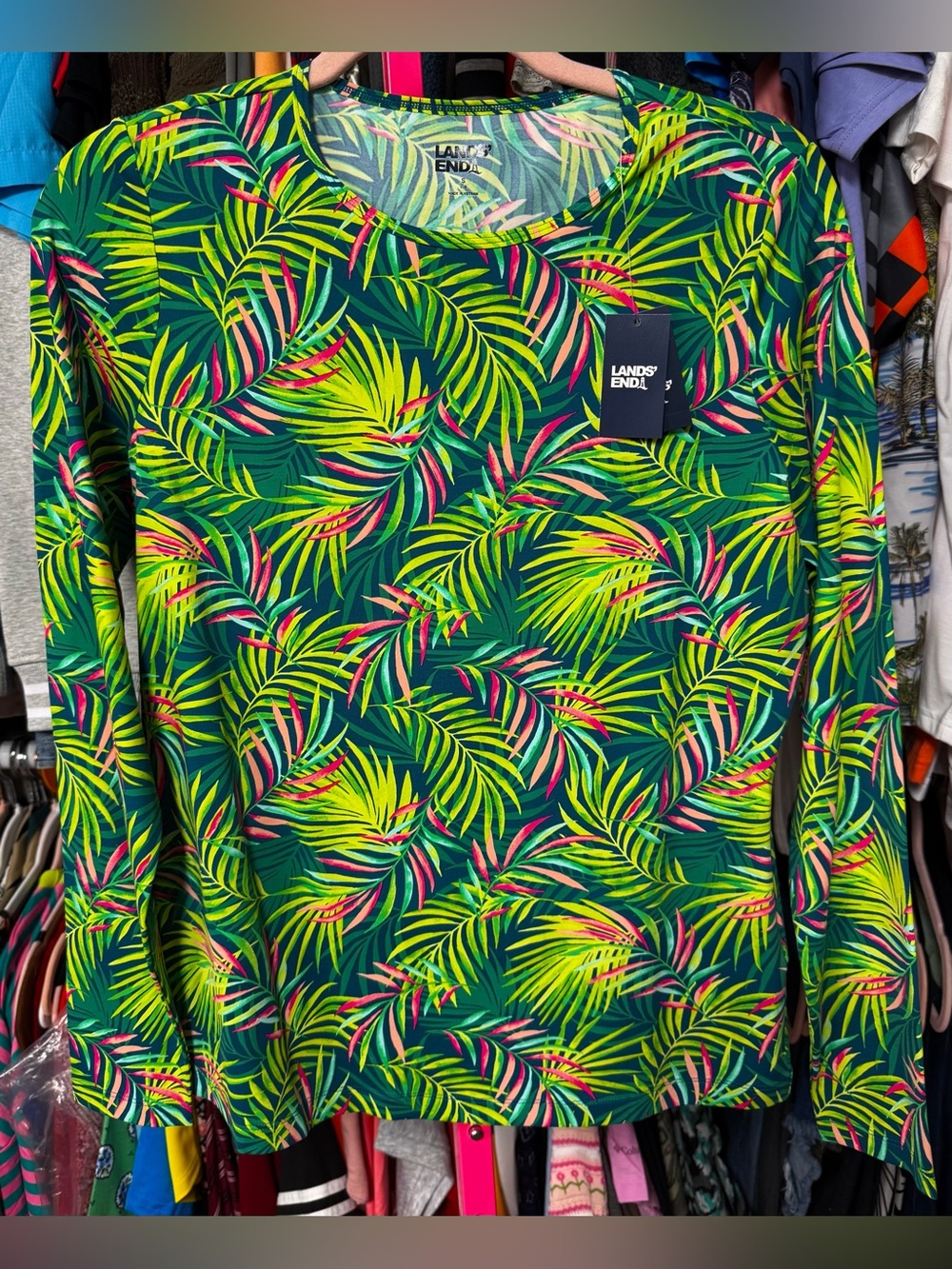 Lands End women’s long sleeve rash guard shirt green pink tropical $60 UPF50 new